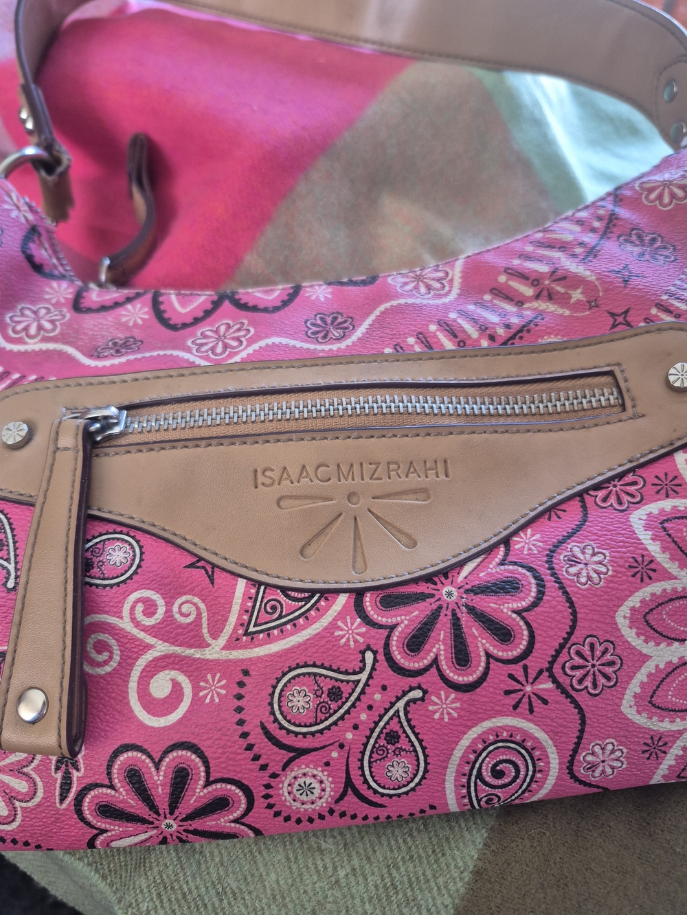 Isaac Mizrahi Pink Paisley & Floral Shoulder Bag with Tan Trim